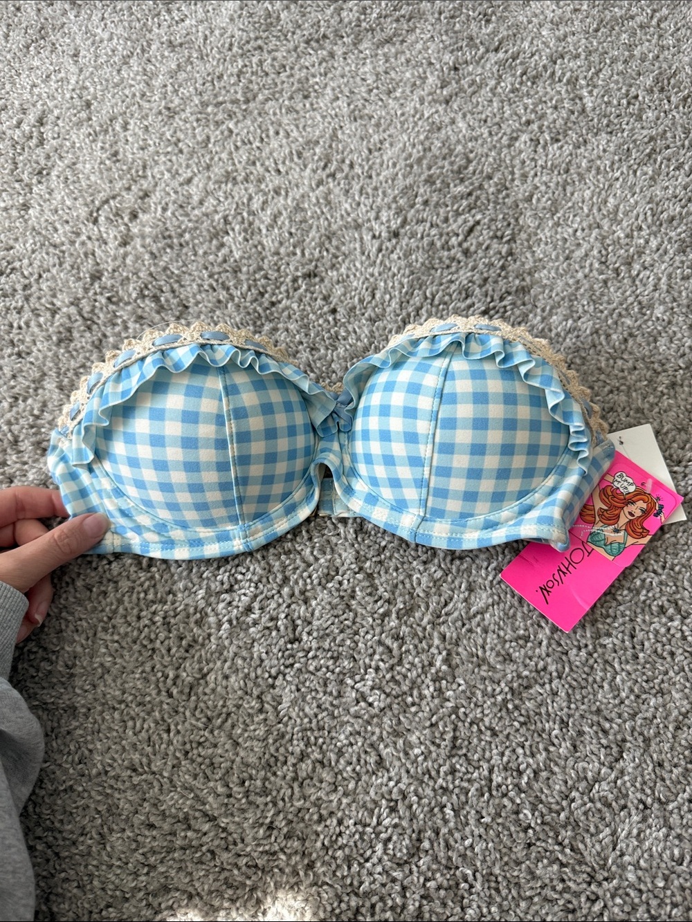 Betsey Johnson Blue is and White Gingham Ruffle Bikini Top